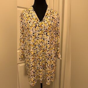 J. Jill Yellow and Blue V-Neck Bishop Sleeve Top